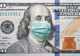 100 dollar bill with Benjamin Franklin in facemask protecting against COVID-19